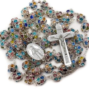 Nazareth Store Colorful Zirconia Crystal Beads Rosary Silver Catholic Necklace with Miraculous Medal Cross Crucifix Multicolor Rosaries in Velvet Bag