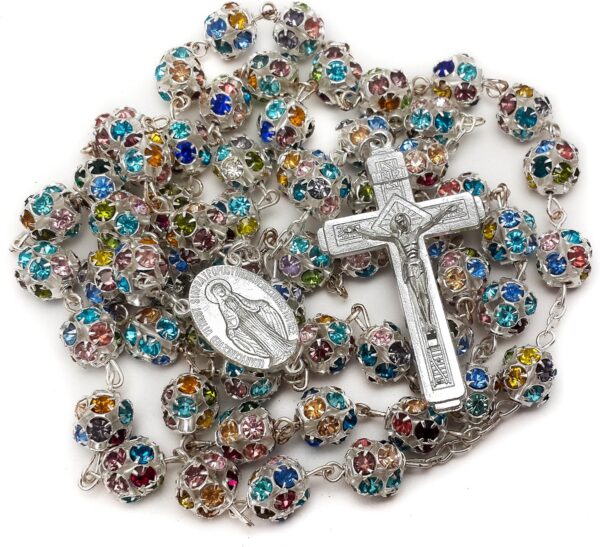 Nazareth Store Colorful Zirconia Crystal Beads Rosary Silver Catholic Necklace with Miraculous Medal Cross Crucifix Multicolor Rosaries in Velvet Bag