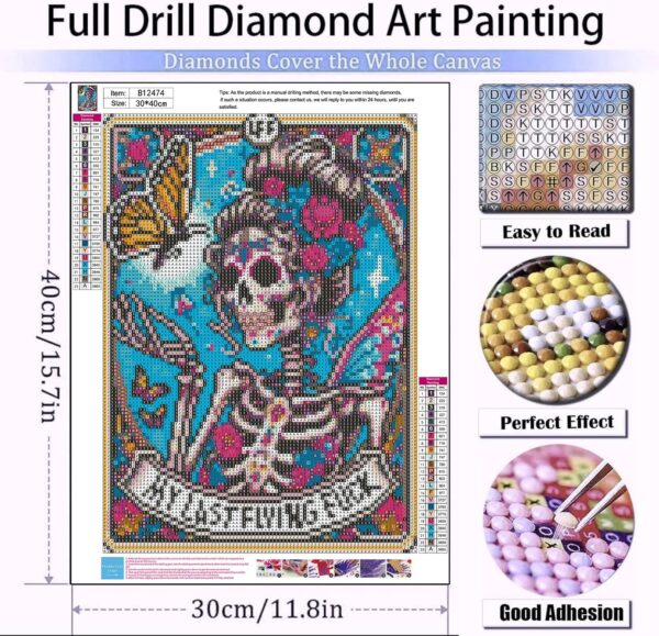 Meothan Skull Diamond Art Kits for Adults-Skull Last Flying Diamond Painting Kits for Adults Beginners, 5D DIY Full Drill Round Rhinestone Gem Art Crafts Paintings for Home Wall Decor 12"x16" - Image 3