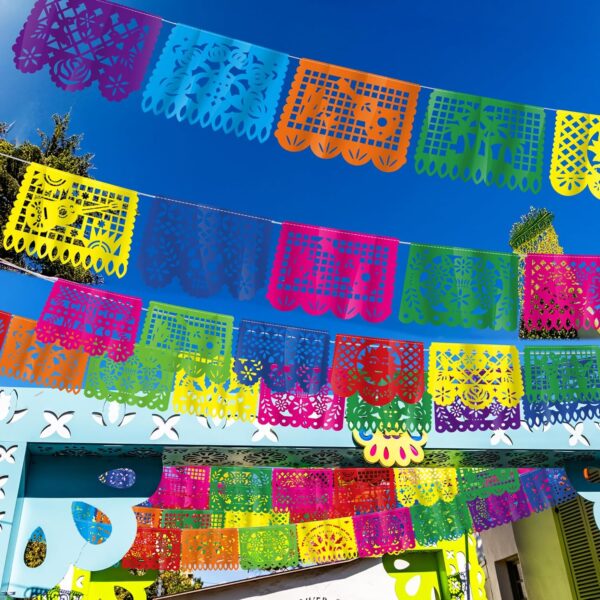 144FT Cinco De Mayo Party Decorations, 8 Pack Fiesta Banner with 9 Plastic Papel Picado, Colorful Mexican Theme Party Flag Banner Dia De Los Muertos Day of the Dead Hanging Decor Home Party Supplies - Image 6