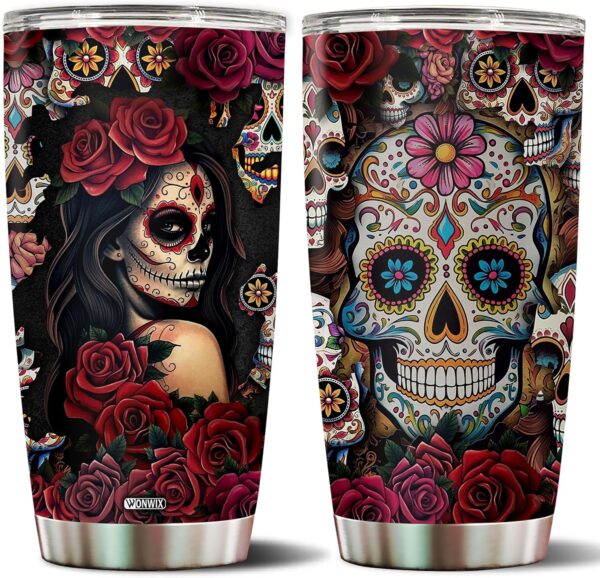 Sugar Skull Gifts for Women Insulated 20oz Stainless Steel Coffee Cup Travel Mug Water Bottle Tumbler With Lid Thermos Tattoo Girls Wife Daughter Mom