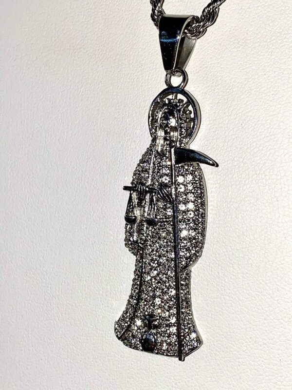 Iced Santa Muerte Men Women 14k White Gold Finish Pendant Stainless Steel Real 3 mm Rope Chain Necklace, Mens Jewelry, Iced Pendant, Rope Necklace Prime Delivery - Image 5