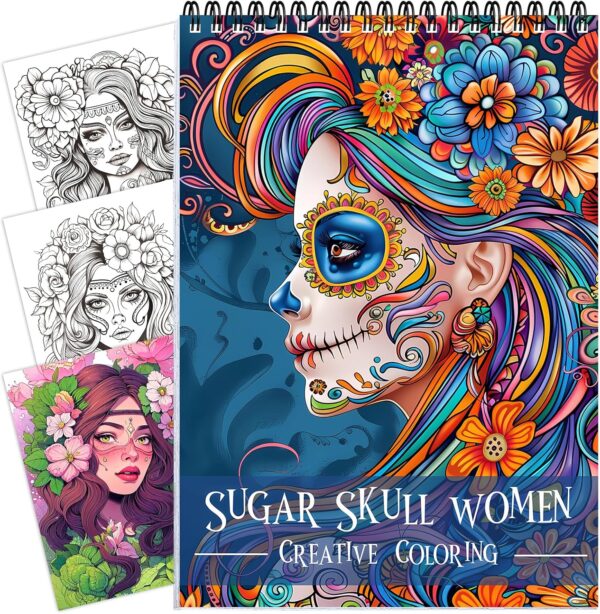 Sugar Skull Women Coloring Book for Adult Spiral Bound, Adult Coloring Book for Women Relaxation, Thick Paper 24 Pages One Sided Design, Mindfulness Easter Gifts for Adults