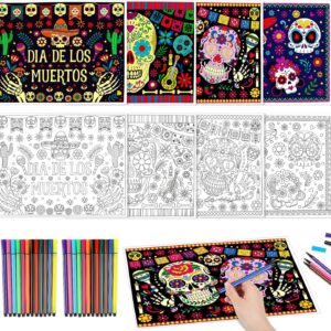 HOWAF 24 PCS Sugar Skull Day of The Dead Coloring Placemats with 24 Paint Pens,Dia De Los Muertos Disposable Table Mat for Classroom DIY Activities Halloween Coloring Paper Placemats