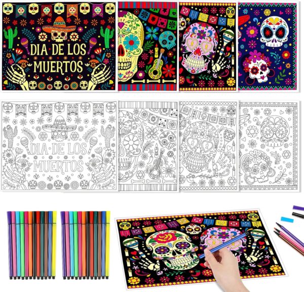 HOWAF 24 PCS Sugar Skull Day of The Dead Coloring Placemats with 24 Paint Pens,Dia De Los Muertos Disposable Table Mat for Classroom DIY Activities Halloween Coloring Paper Placemats