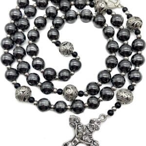 Hematite Rosary Black Stone Beads Necklace Metal Beaded Miraculous Medal & Cross Rosary For Men and Womens NS