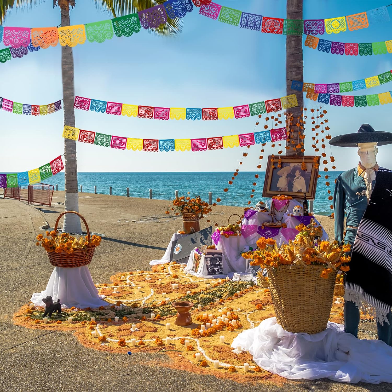 7 Pack Papel Picado Banner Mexican Party Fiesta Flag Cinco De Mayo Theme Party Decorations Day of The Dead Felt Garland Dia De Los Muertos Decor for Mexican Birthday Party Supplies, 68.6 ft Total - Image 4