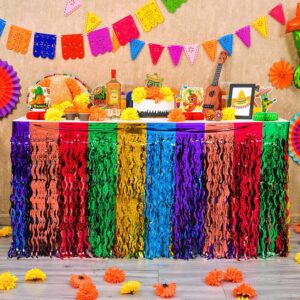 Mega-L Dia De Los Muertos Table Decorations 4Pack Mexican Fiesta Party Wavy Metallic Tinsel Foil Fringe Table Skirt,Perfect for Day of The Dead Altar Decoration,Taco Birthday Party Cinco de Mayo Decor