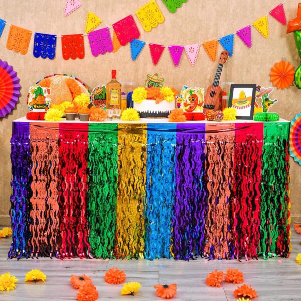 Mega-L Dia De Los Muertos Table Decorations 4Pack Mexican Fiesta Party Wavy Metallic Tinsel Foil Fringe Table Skirt,Perfect for Day of The Dead Altar Decoration,Taco Birthday Party Cinco de Mayo Decor