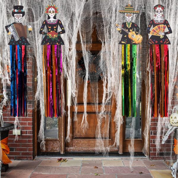 codree 4 PCS Large Day of The Dead Sugar Skull Hanging Decorations-39x8.6 Inch Dia De Los Muertos Hanging Decorations for Day of The Dead Halloween Party Home Outdoor Decor - Image 6