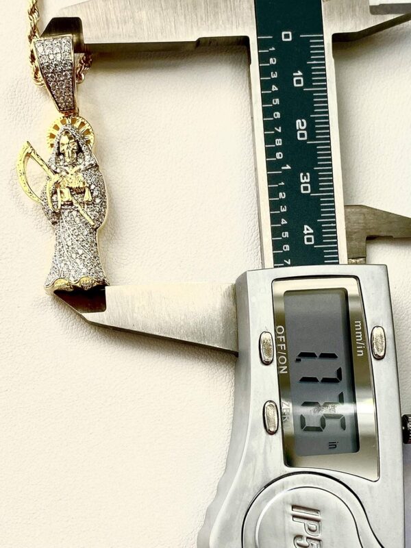 Iced Santa Muerte Men Women 925 Italy Gold Finish Iced Silver Charm Ice Out Pendant Stainless Steel Real 3 mm Rope Chain, Mans Jewelry, Iced Pendant, Rope Necklace 16"- 24" - Image 4
