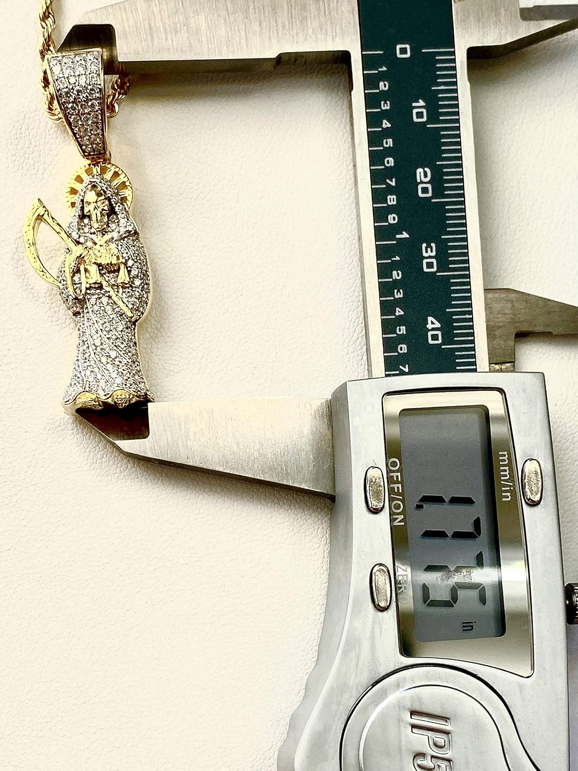 Iced Santa Muerte Men Women 925 Italy Gold Finish Iced Silver Charm Ice Out Pendant Stainless Steel Real 3 mm Rope Chain, Mans Jewelry, Iced Pendant, Rope Necklace 16"- 24" - Image 4