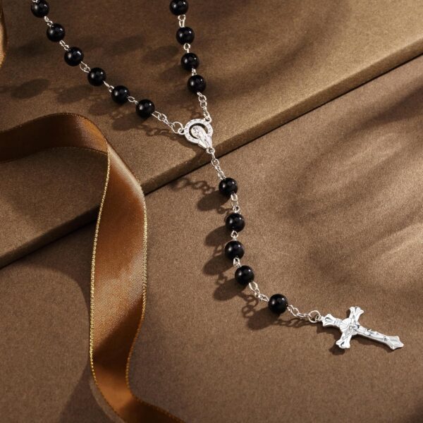 Rosary Black Beads Necklace Catholic Rosary Beads With Metal Crucifix - Image 2
