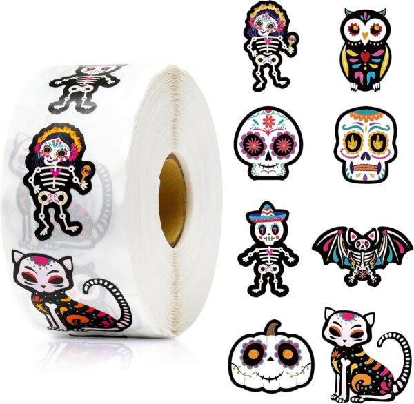 BeYumi 1000Pcs Day of The Dead Stickers Dia de Los Muertos Colorful Sugar Skull Skeleton Cat Stickers Waterproof Halloween Mexican Fiesta Stickers Decals for Laptop Water Bottle Kids Party Supplies