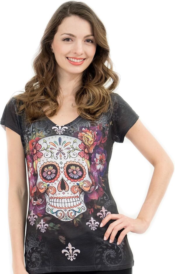 Made in USA - Sugar Skull Shirts for Women - V Neck T Shirt Tee - Beautiful Quality Print Decorated with Rhinestones - Image 2