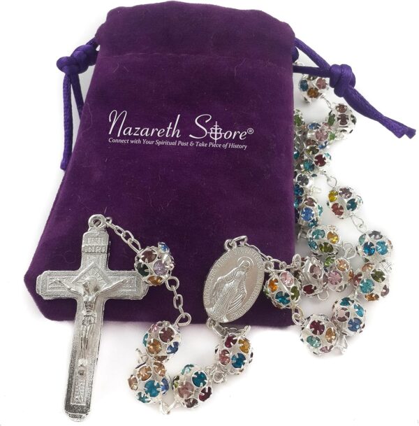 Nazareth Store Colorful Zirconia Crystal Beads Rosary Silver Catholic Necklace with Miraculous Medal Cross Crucifix Multicolor Rosaries in Velvet Bag - Image 2