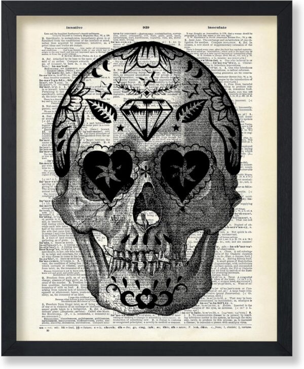 Poster Master Dictionary Art Poster - Retro Sugar Skull Print - Tattoo Art - Day of the Dead Art - Gift for Men, Women - Cool Gothic Decor for Bedroom, Living Room - 8x10 UNFRAMED Wall Art