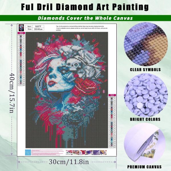 Skull Diamond Art- Sugar Skull Woman Diamond Art Kits for Adults, Skeleton Diamond Painting Kits for Home Wall Decor 12x16 Inch - Image 2