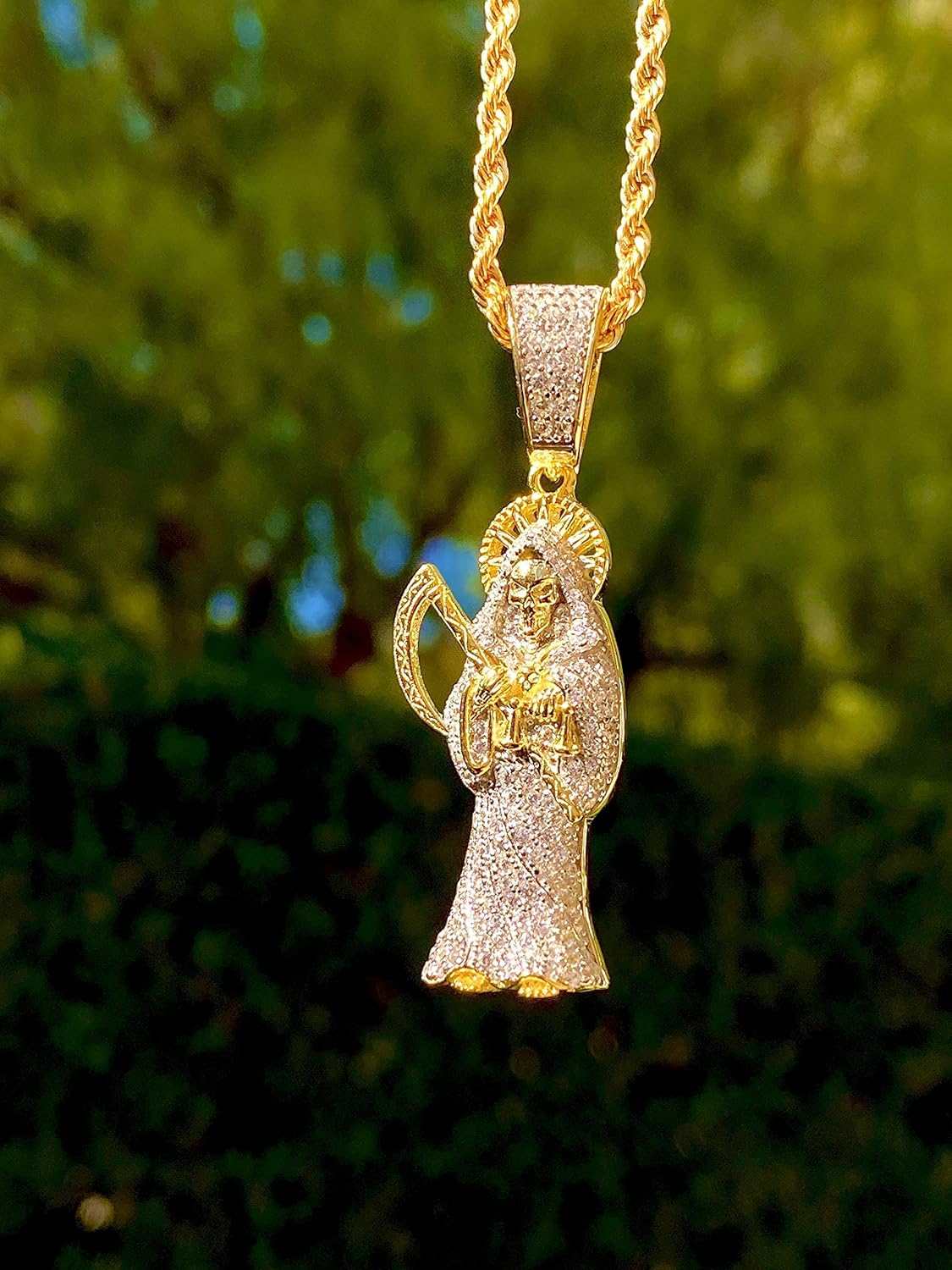 Iced Santa Muerte Men Women 925 Italy Gold Finish Iced Silver Charm Ice Out Pendant Stainless Steel Real 3 mm Rope Chain, Mans Jewelry, Iced Pendant, Rope Necklace 16"- 24" - Image 3