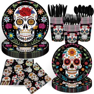 140Pcs Day of the Dead Party Supplies Sugar Skull Tableware Set Día de los Muertos Party Decorations Plates and Napkins, Halloween Birthday Party Supplies,Serve for 20 Guests