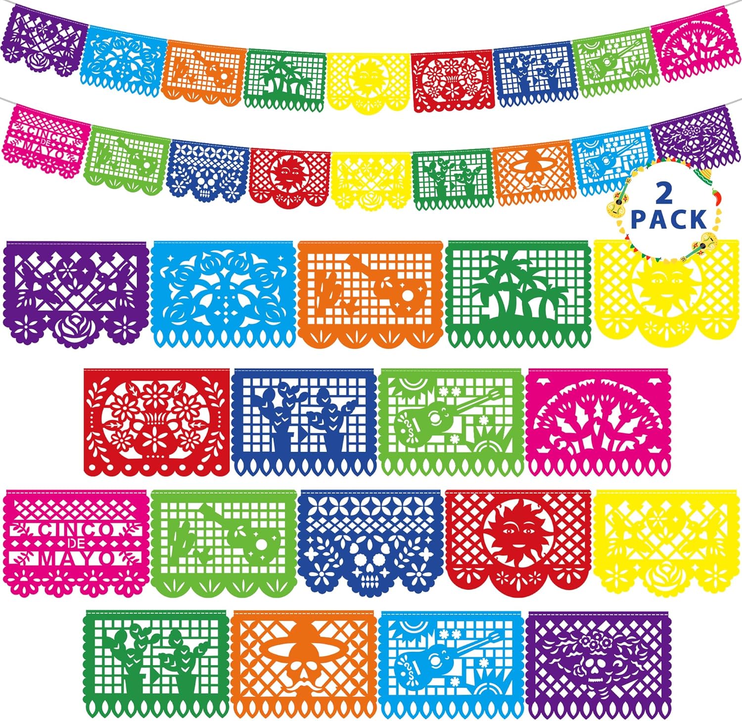 36 FT Cinco De Mayo Decorations, 2 Pack Mexican Party Banner, Plastic Fiesta Banner Colorful Papel Picado Hanging Banner String Flags Mexican Theme Party Dia De Los Muertos Day of the Dead Decor
