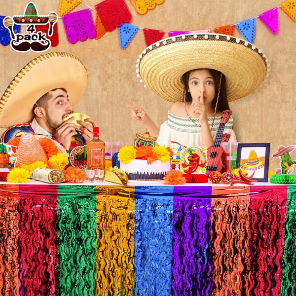 Mega-L Dia De Los Muertos Table Decorations 4Pack Mexican Fiesta Party Wavy Metallic Tinsel Foil Fringe Table Skirt,Perfect for Day of The Dead Altar Decoration,Taco Birthday Party Cinco de Mayo Decor - Image 2