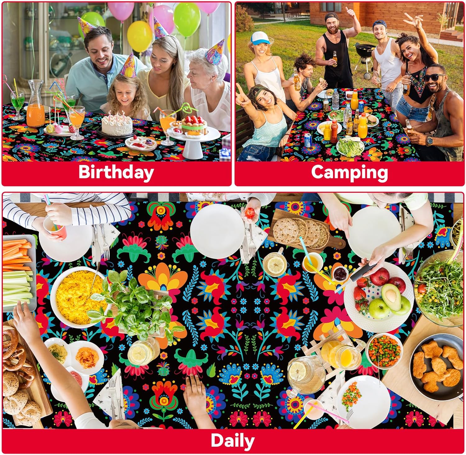 3 Pcs Mexican Fiesta Tablecloth Decorations, 108" x 54" Plastic Cinco De Mayo Table Cloth Dia De Los Muertos Table Cover Day of The Dead Decor for Taco Night Festive Mexico Colorful Ponchos Supplies - Image 6