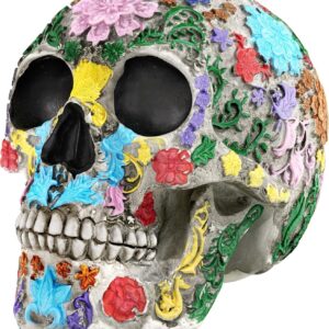 READAEER Life Size Skull Resin Colorful Floral Human Skull Model Adult Head Bone Model Day of The Dead Décor