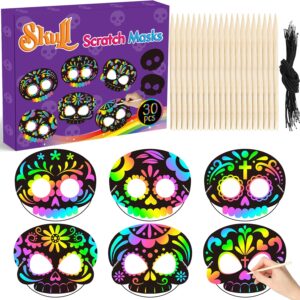 WATINC 30pcs Day of The Dead Skull Scratch Mask Gift Set for Kids, Halloween DIY Magic Scratch Paper, Skull Craft Kit to Mexican School Classroom Activity Art Project Party Favors Supplies