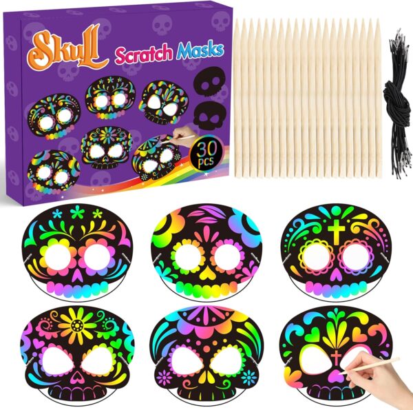 WATINC 30pcs Day of The Dead Skull Scratch Mask Gift Set for Kids, Halloween DIY Magic Scratch Paper, Skull Craft Kit to Mexican School Classroom Activity Art Project Party Favors Supplies