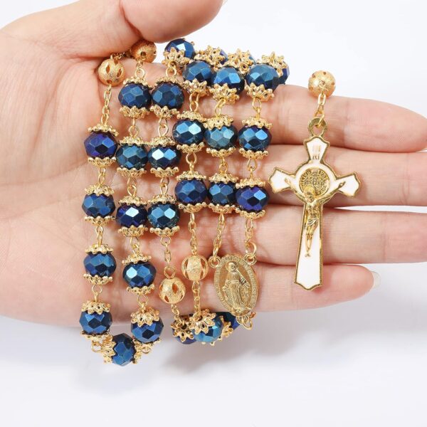 Nazareth Store St. Benedict Deep Blue Crystal Beads Rosary Prayer Necklace Golden Miraculous Medal & Gold Enamel Cross - Image 2