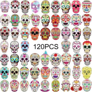 120 Pieces Skull Stickers Halloween Sugar Skull Decals Dia de Los Muertos Mexican Day of Dead Sticker for Laptop Water Bottle Luggage Bike Computer