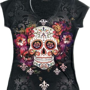 Made in USA - Sugar Skull Shirts for Women - V Neck T Shirt Tee - Beautiful Quality Print Decorated with Rhinestones