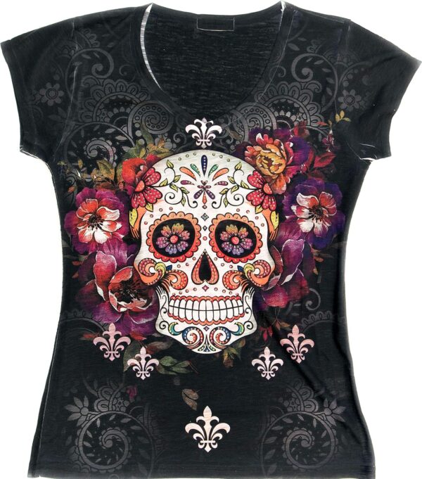 Made in USA - Sugar Skull Shirts for Women - V Neck T Shirt Tee - Beautiful Quality Print Decorated with Rhinestones