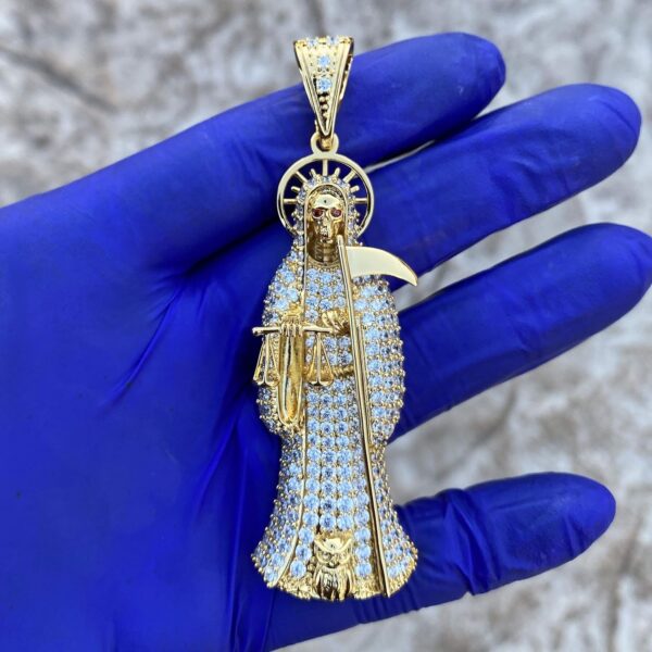 HOMIEBUDS XGATML Nuestra Señora De La Santa Muerte Pendant Holy Death Iced Micro Pave Bling 24K Gold Finish Charm 3.5" inch - Image 6