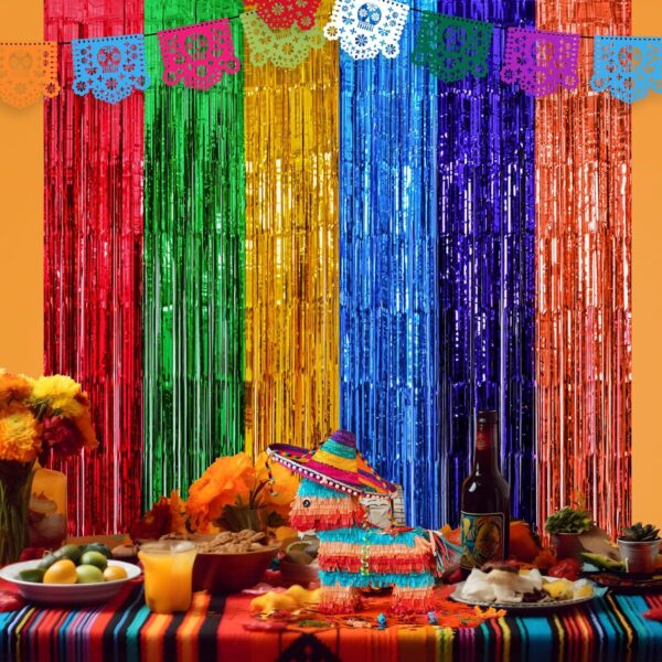 Mega-L Cinco de Mayo Decorations, 2 Pack Fiesta Foil Fringe Curtains Backdrop, 3.3x6.6ft Mexican Themed Tinsel Streamers, Perfect for Spain Taco Party Photo Booth Props, Dia De Los Muertos Decor - Image 3