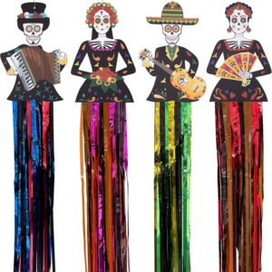 codree 4 PCS Large Day of The Dead Sugar Skull Hanging Decorations-39x8.6 Inch Dia De Los Muertos Hanging Decorations for Day of The Dead Halloween Party Home Outdoor Decor