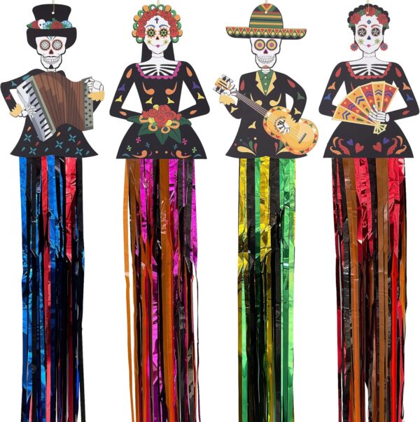 codree 4 PCS Large Day of The Dead Sugar Skull Hanging Decorations-39x8.6 Inch Dia De Los Muertos Hanging Decorations for Day of The Dead Halloween Party Home Outdoor Decor
