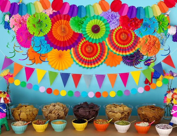 35PCS Fiesta Paper Fan Party Decorations Set - Cinco De Mayo Pom Poms,Pennant,Garland String,Banner,Hanging Swirls Decor Supplies（Multicolored) - Image 2