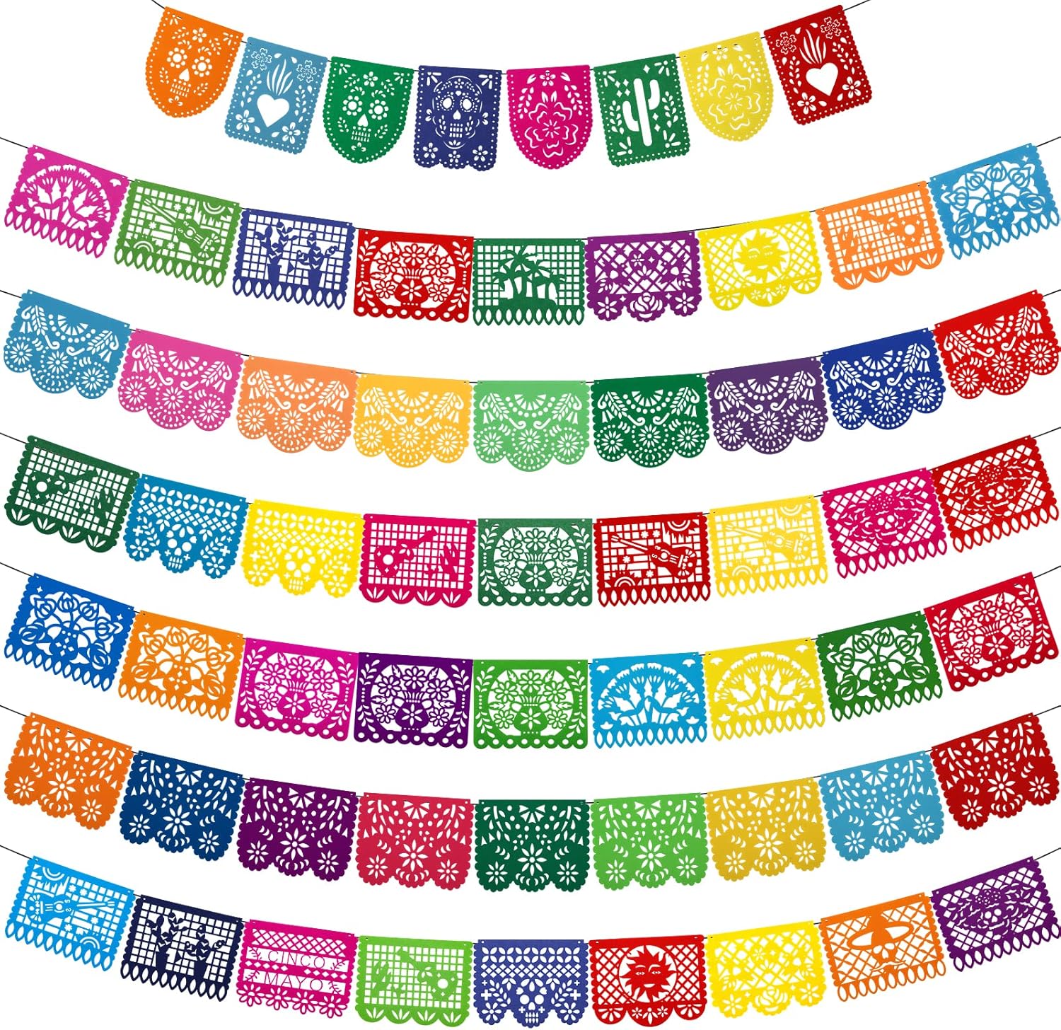 7 Pack Papel Picado Banner Mexican Party Fiesta Flag Cinco De Mayo Theme Party Decorations Day of The Dead Felt Garland Dia De Los Muertos Decor for Mexican Birthday Party Supplies, 68.6 ft Total