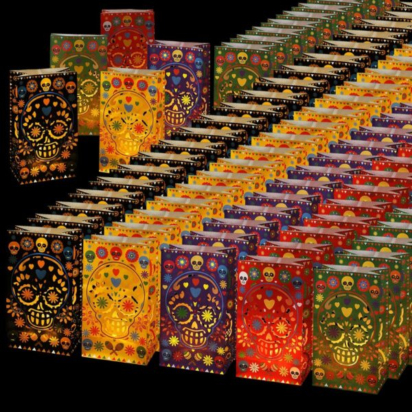 Ireer 30 Pieces Halloween Day of The Dead Luminary Bags - Dia De Los Muertos Candy Bag - Flame Resistant Candle Bag - Sugar Skull Gift Goodie for Mexican Fiesta Halloween Party Favors Supplies