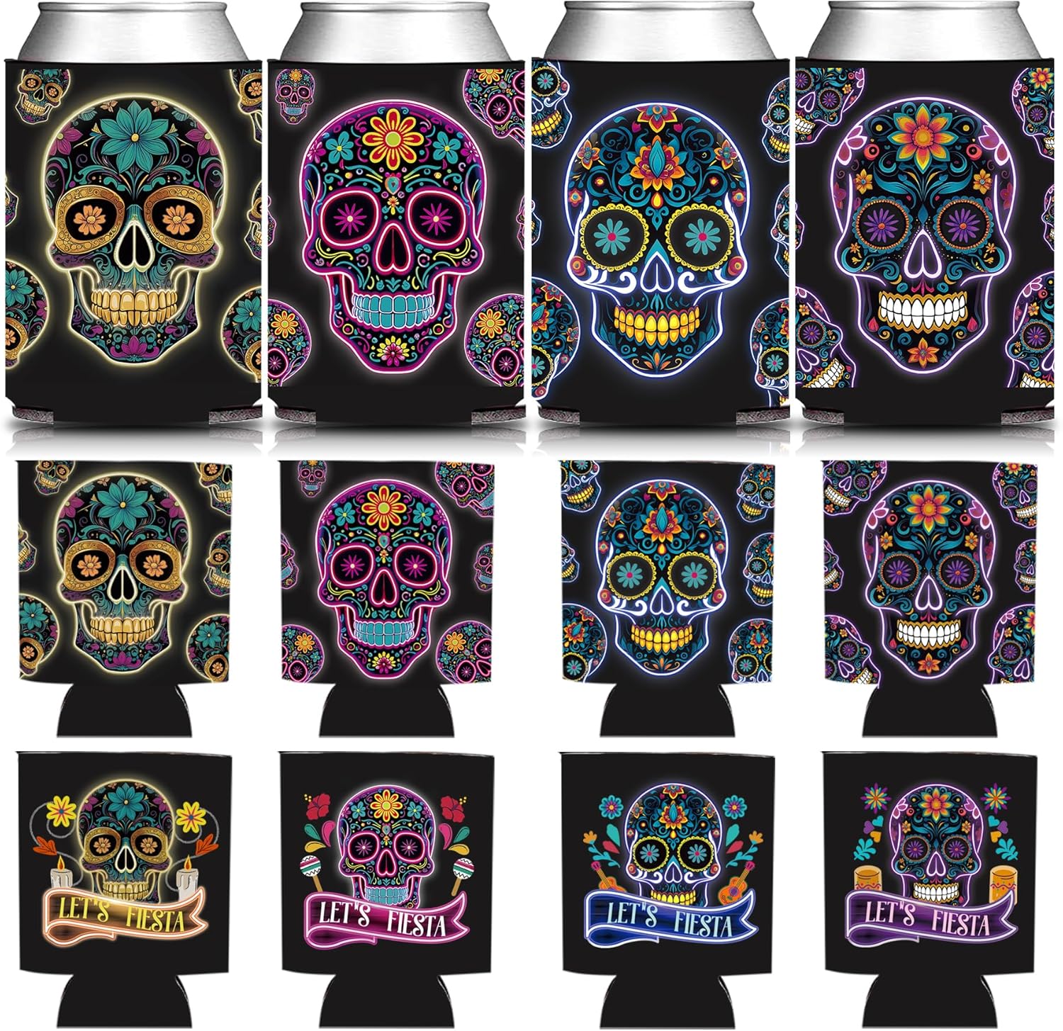Black Mexican Fiesta Skull Face Can Sleeve Holder 12PCS, Dia De Muertos Death of the Day Beverage Drink Bottle Cooler Cover, Cinco de Mayo Birthday Bridal Shower Bachelorette Gift Decorations - Image 2