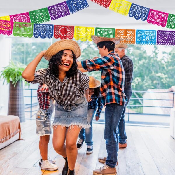 144FT Cinco De Mayo Party Decorations, 8 Pack Fiesta Banner with 9 Plastic Papel Picado, Colorful Mexican Theme Party Flag Banner Dia De Los Muertos Day of the Dead Hanging Decor Home Party Supplies - Image 5
