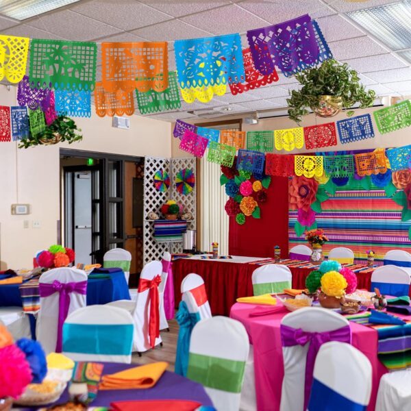 18 FT Cinco De Mayo Party Decorations, 1 Pack Fiesta Banner with 9 Plastic Papel Picado, Colorful Mexican Theme Party Flag Banner Dia De Los Muertos Day of the Dead Hanging Decor Home Party Supplies - Image 4