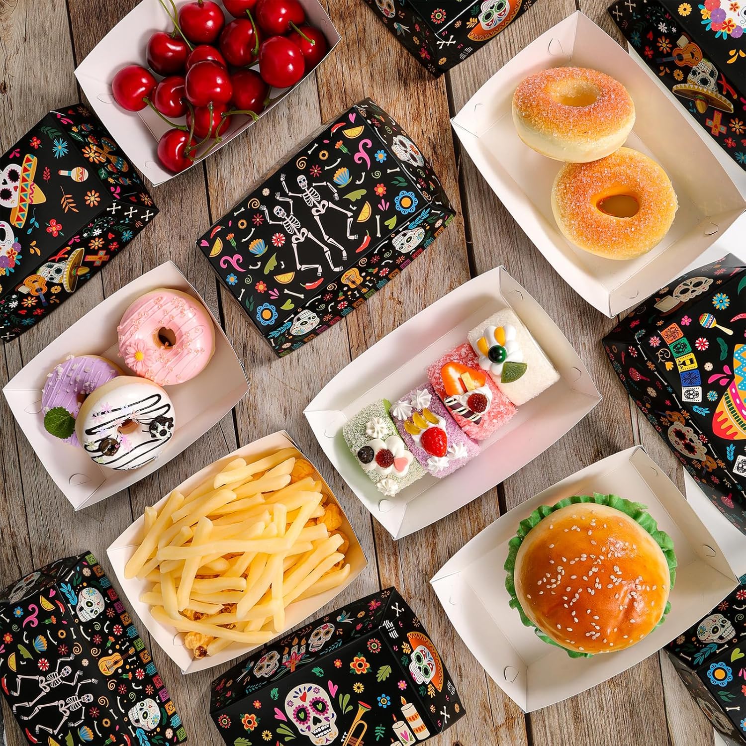 HOWAF 24 Pcs Day of The Dead Food Trays Sugar Skull Paper Food Boats for Mexican Dia De Los Muertos Decoration Supplies, Mexican Fiesta Disposable Tray Halloween Food Tray for Chips, Nachos,Candy - Image 5