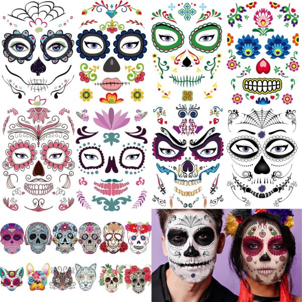 20 Sheets Day of the Dead Face Sugar Skull Tattoos,Including 8 Large Sheets Halloween Temporary Face Tattoos, Halloween Sugar Skull Face Tattoos