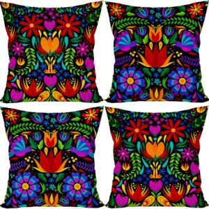 Mexican Fiesta Throw Pillow Covers 18x18 Set of 4 Dragonfly Flower Dahlia Pillow Case Day of The Dead Dia De Los Muertos Cinco De Mayo Decorations