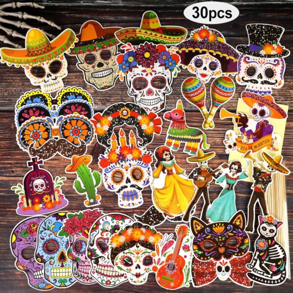 HOWAF Glitter Day of The Dead Photo Booth Props, Dia De Los Muertos Skull Decorations Photo Props Kits for Day of The Dead Party Favor, Mexican Fiesta Halloween Glitter Prop Pose Sign 30pcs - Image 7