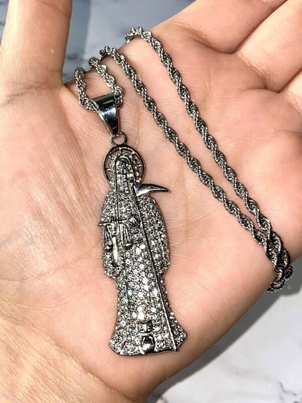 Iced Santa Muerte Men Women 14k White Gold Finish Pendant Stainless Steel Real 3 mm Rope Chain Necklace, Mens Jewelry, Iced Pendant, Rope Necklace Prime Delivery - Image 3