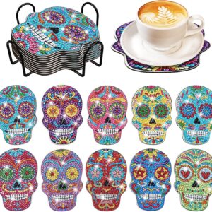 YLOLUL 10 Pcs Skull Shaped Diamond Painting Coasters Kits DIY Skull Diamond Painting Coasters with Holder Skull Diamond Painting Coasters for Beginners Adults and Kids Art Craft Supplies Gift